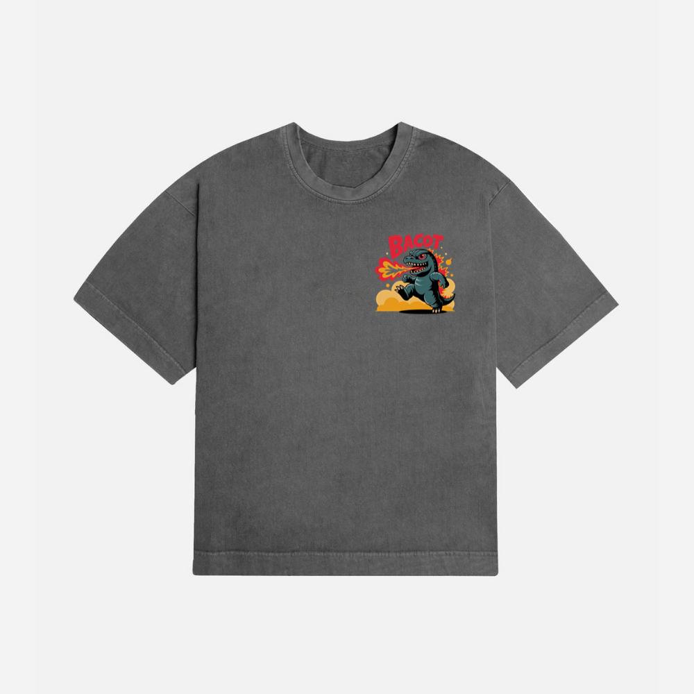 Bacot Fire Dinosaur Cartoon Illustration for Vintage Fun Vibes T-Shirt - Image 2