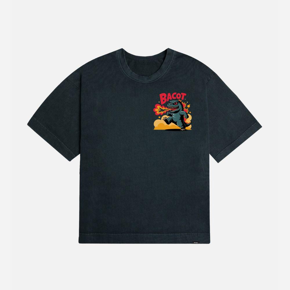 Bacot Fire Dinosaur Cartoon Illustration for Vintage Fun Vibes T-Shirt - Image 3