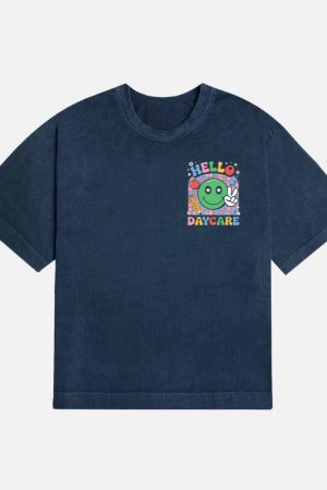 Hello Daycare Retro Smiley Face Graphic for Colorful Casual Wear T-Shirt