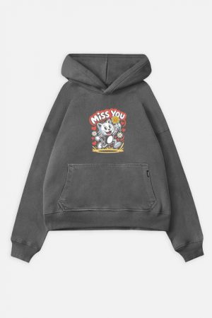 Miss You Skeleton Cat Retro Cute Graphic Hoodie